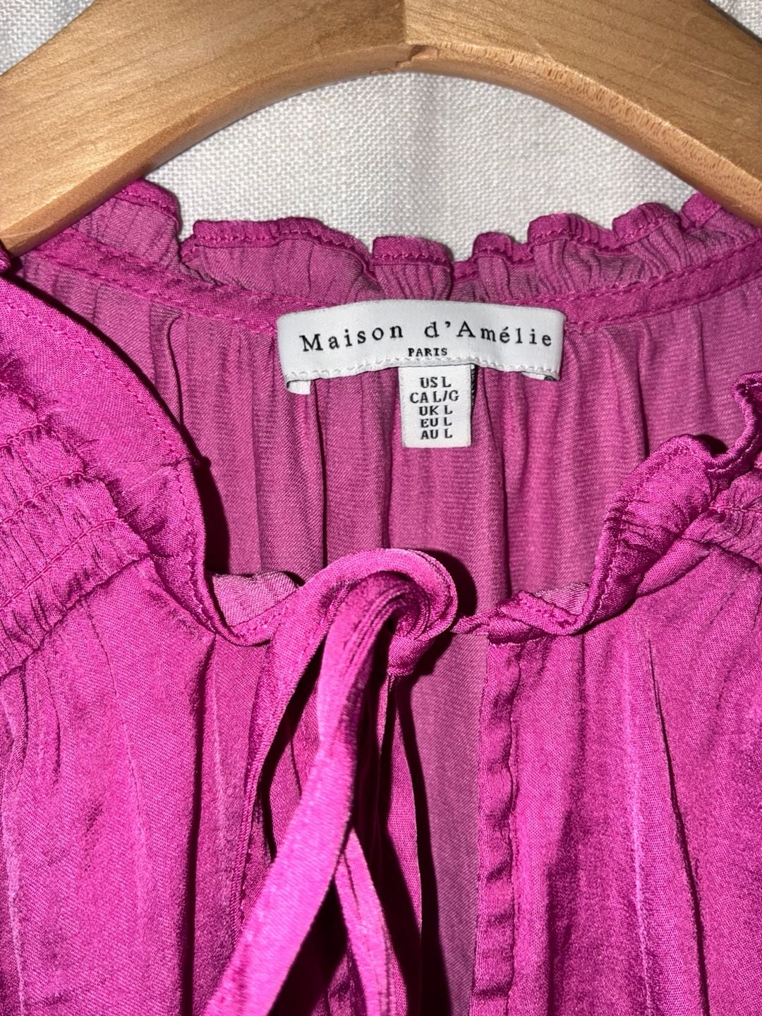Maison d'Amélie Paris Magenta Pink Smocked Flutter Sleeve Tie Neck Blouse 3