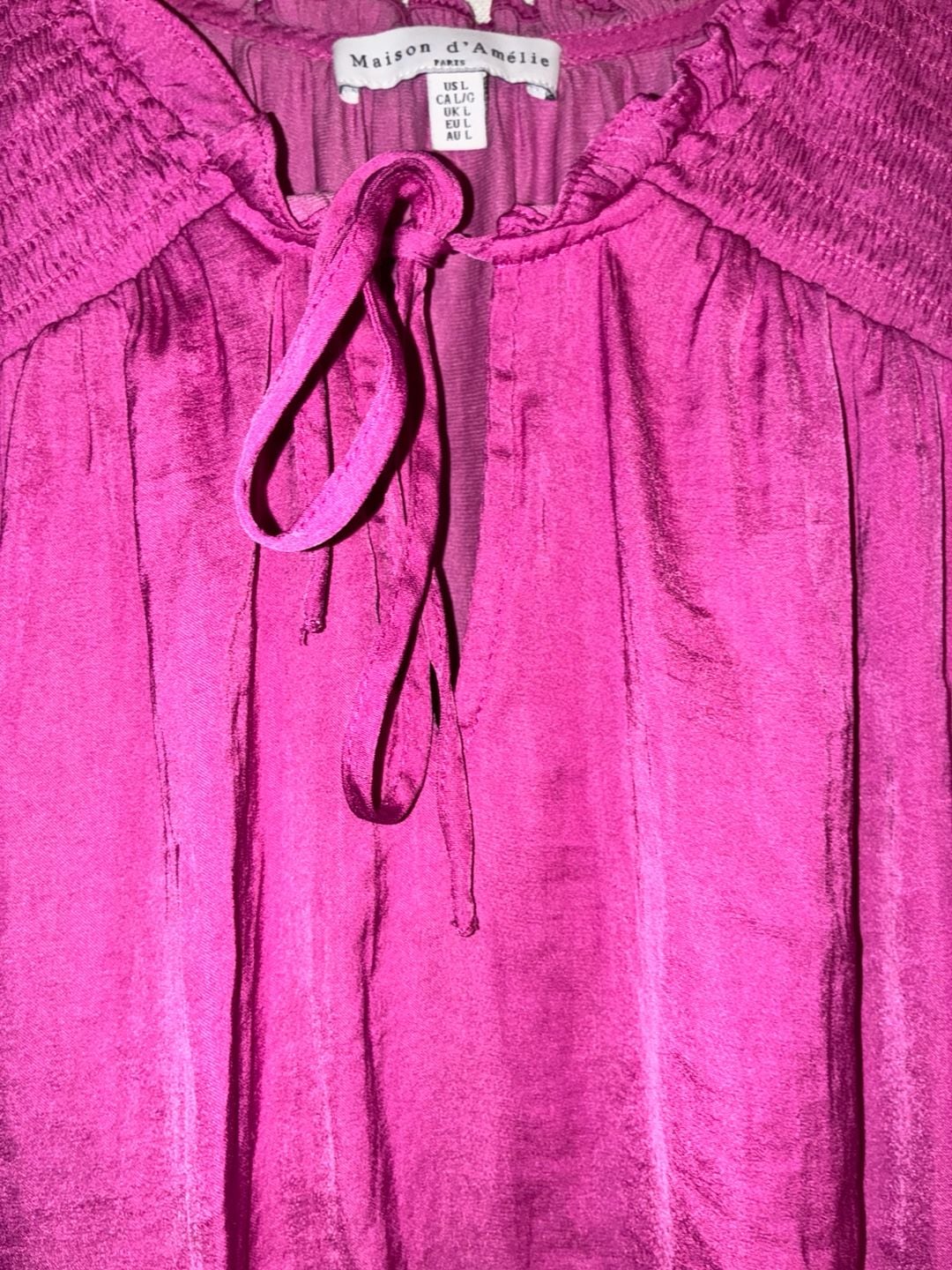 Maison d'Amélie Paris Magenta Pink Smocked Flutter Sleeve Tie Neck Blouse 5