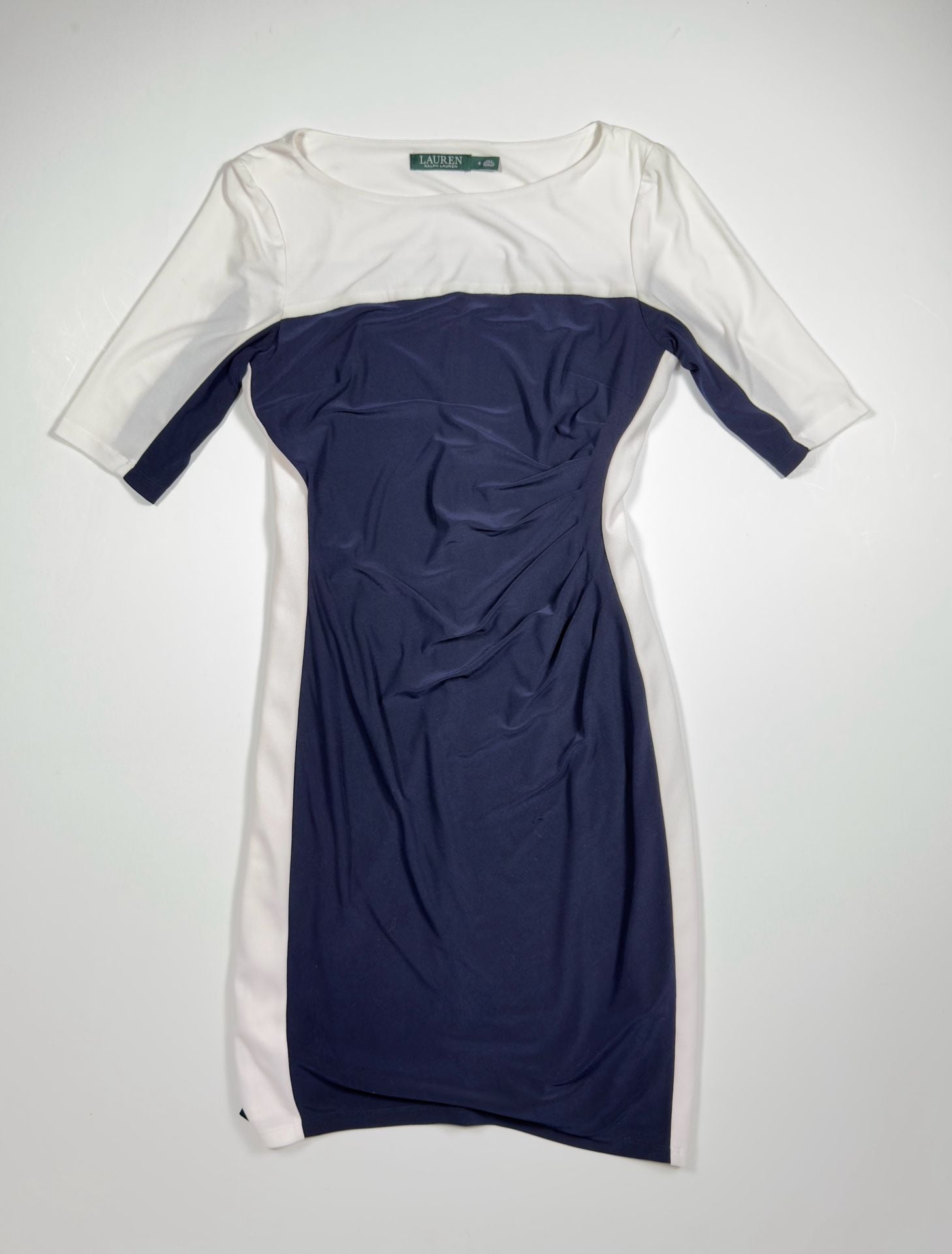 Lauren Ralph Lauren Navy and White Colorblock Ruched Sheath Dress Size 8 2