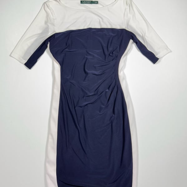 Lauren Ralph Lauren Navy and White Colorblock Ruched Sheath Dress Size 8