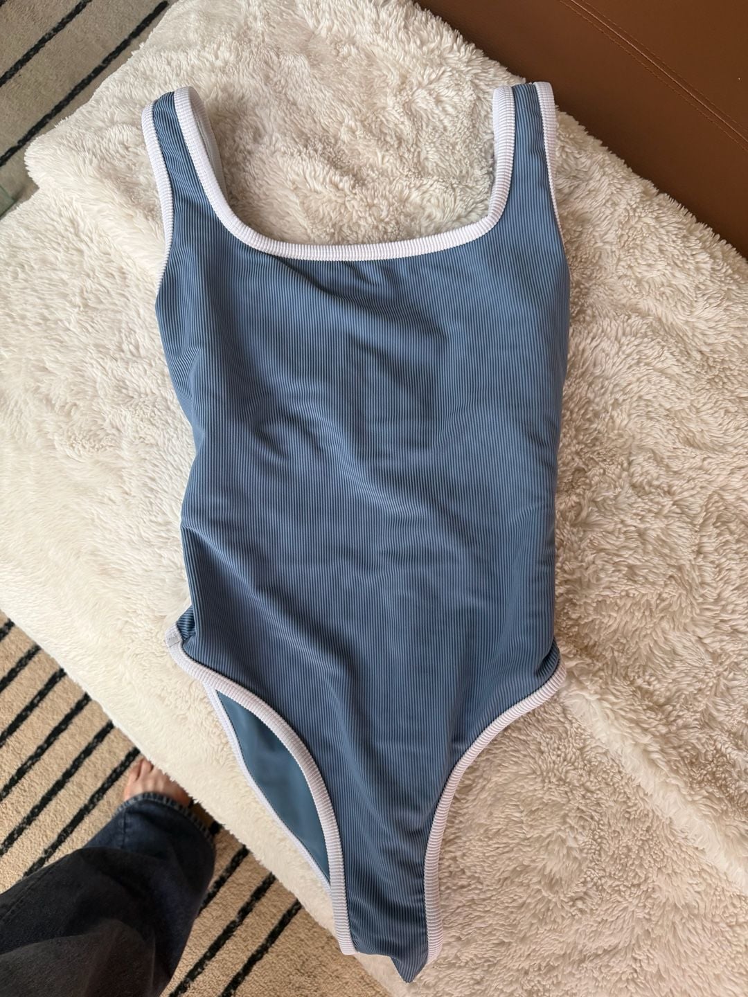 LainSnow Women's Ribbed Denim One-Piece Swimsuit with White Contrast Trim - S 5