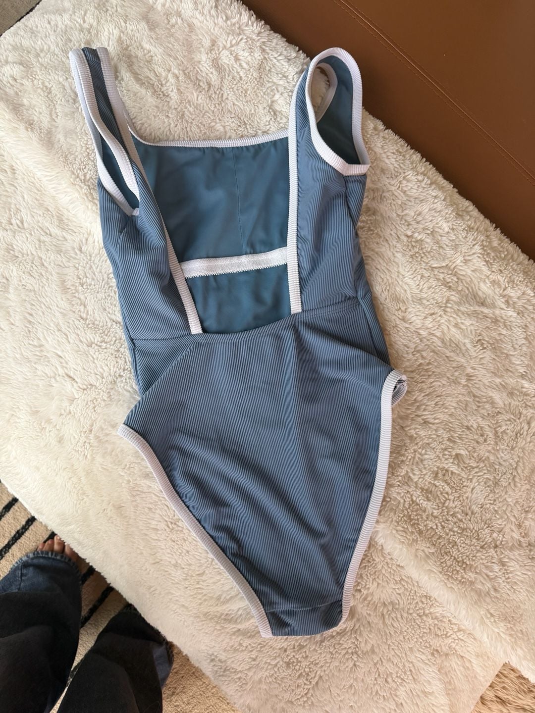 LainSnow Women's Ribbed Denim One-Piece Swimsuit with White Contrast Trim - S 6