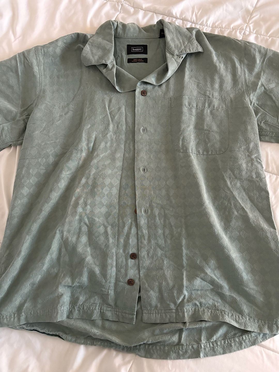 Haggar 100% Silk Machine Washable Textured Square Pattern Sage Green Short Sleeve Camp Shirt Small 2