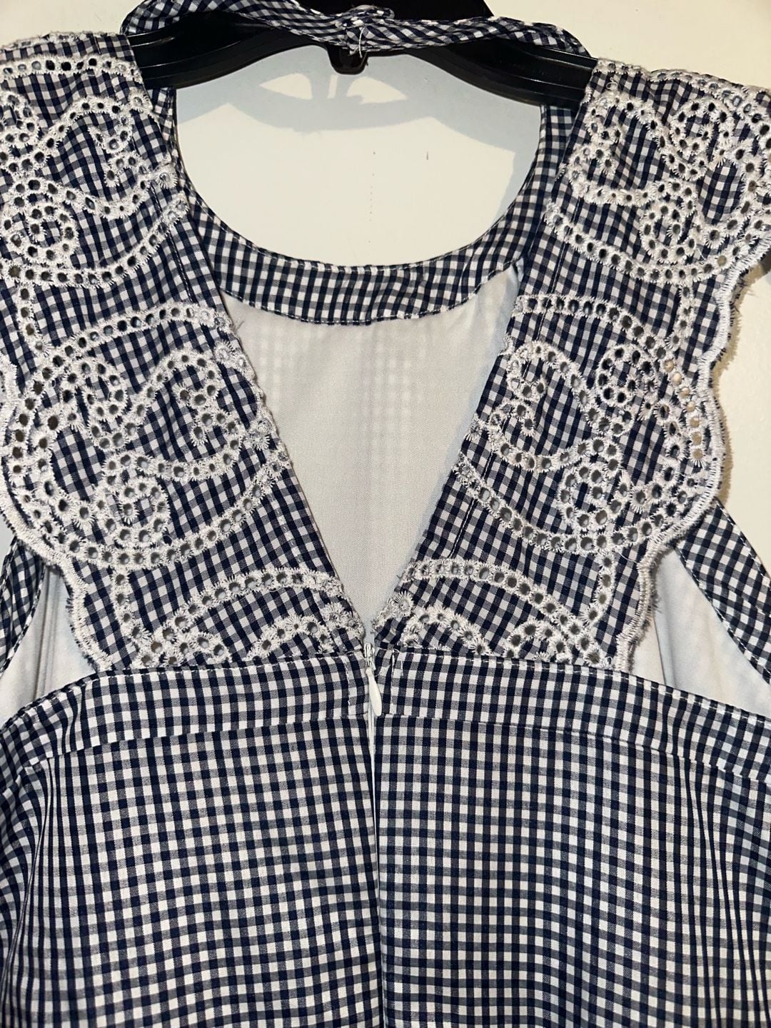 Copper Key Navy Blue White Gingham Sleeveless Dress with Eyelet Lace Trim XL NWT 8