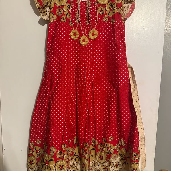 Vintage Timex Dresses Red Polka Dot and Floral Ruffle Trim Dress Medium