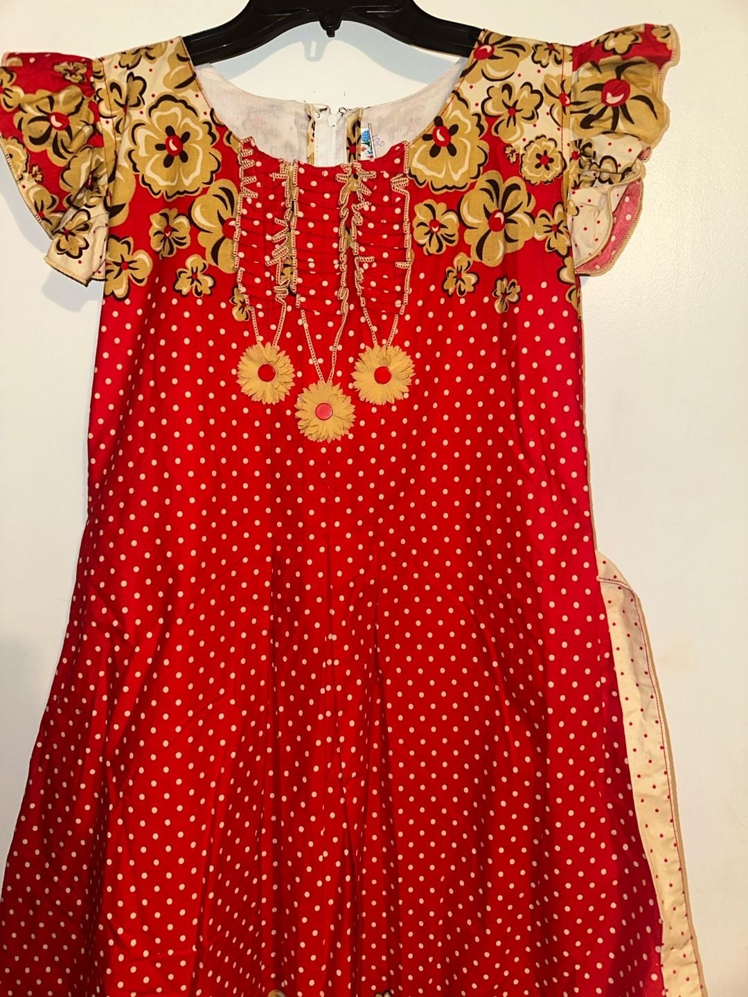 Vintage Timex Dresses Red Polka Dot and Floral Ruffle Trim Dress Medium 3
