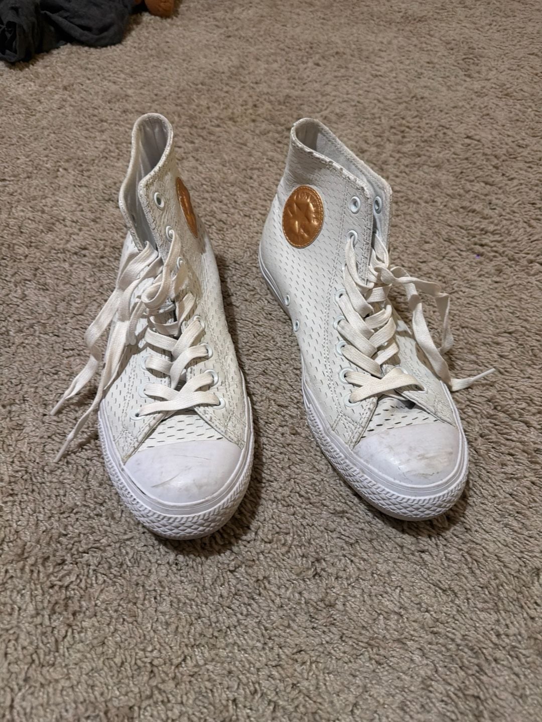 Converse Chuck Taylor All Star White Perforated Leather High Top Sneakers with Gold Logo 2