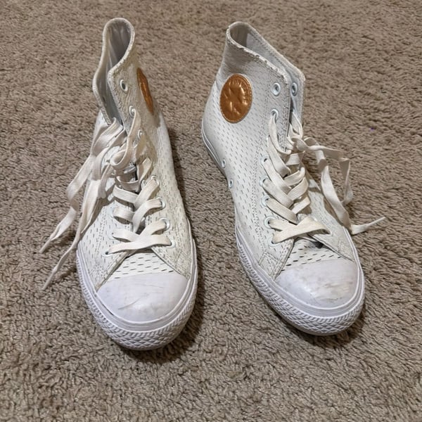 Converse Chuck Taylor All Star White Perforated Leather High Top Sneakers with Gold Logo