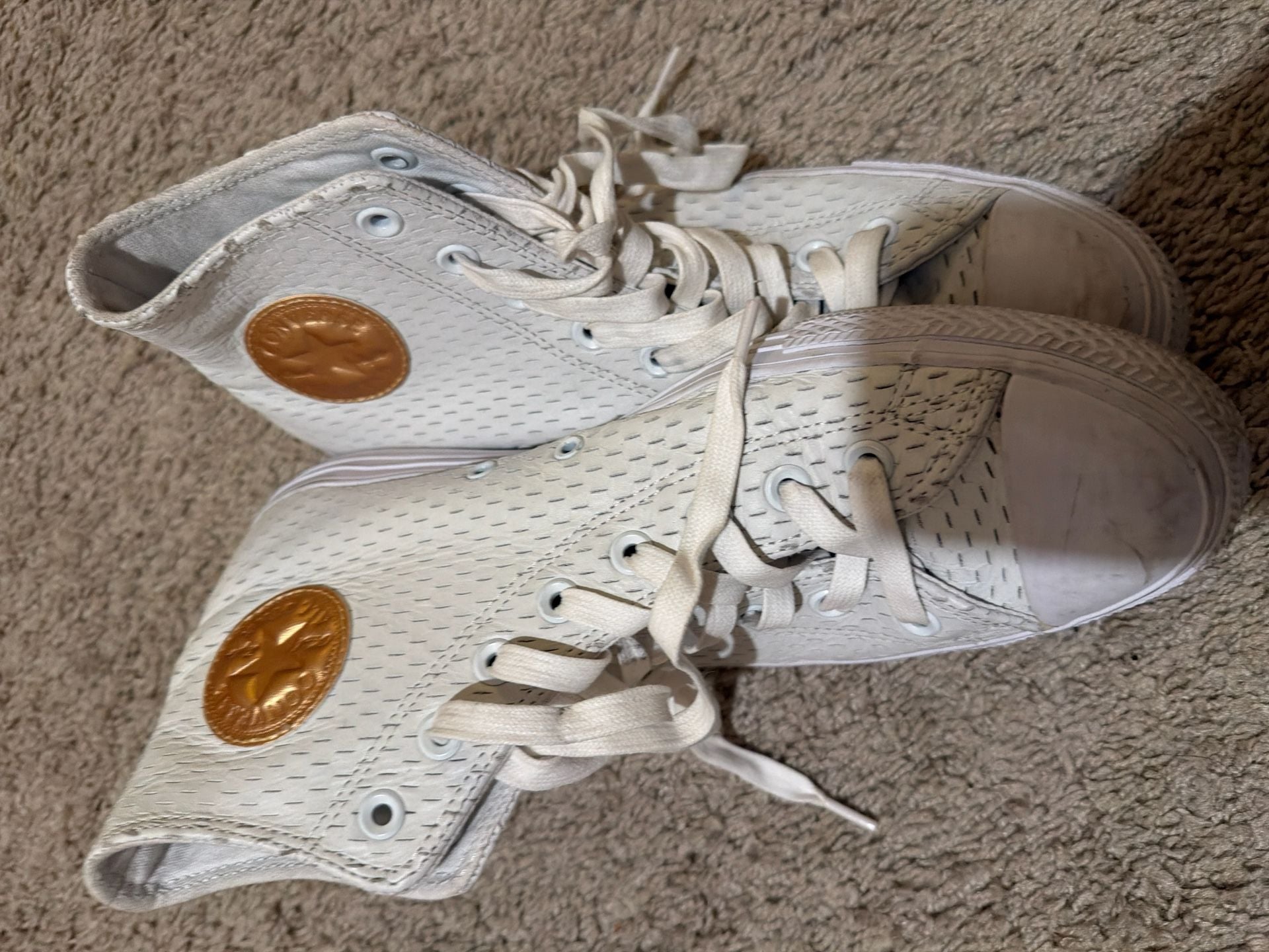 Converse Chuck Taylor All Star White Perforated Leather High Top Sneakers with Gold Logo 5