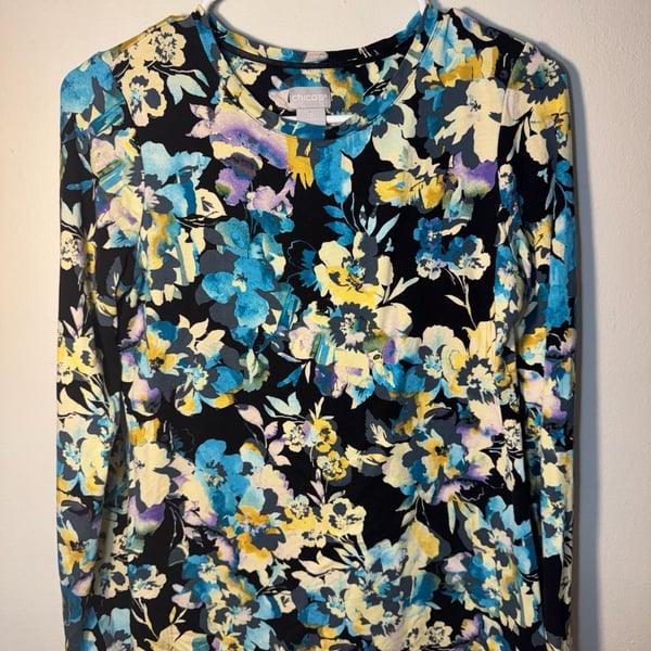 Chico's Blue and Yellow Floral Long Sleeve Knit Top Size 0 Small