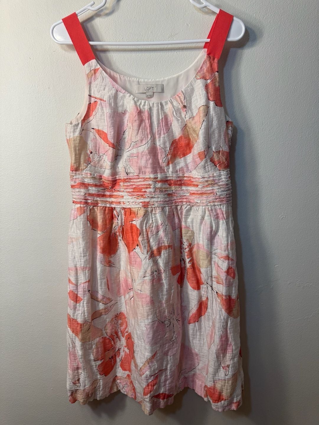LOFT Pink and Orange Floral Watercolor Linen Blend Sleeveless Dress Size 10 2