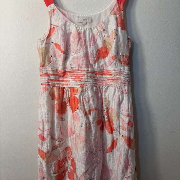 LOFT Pink and Orange Floral Watercolor Linen Blend Sleeveless Dress Size 10