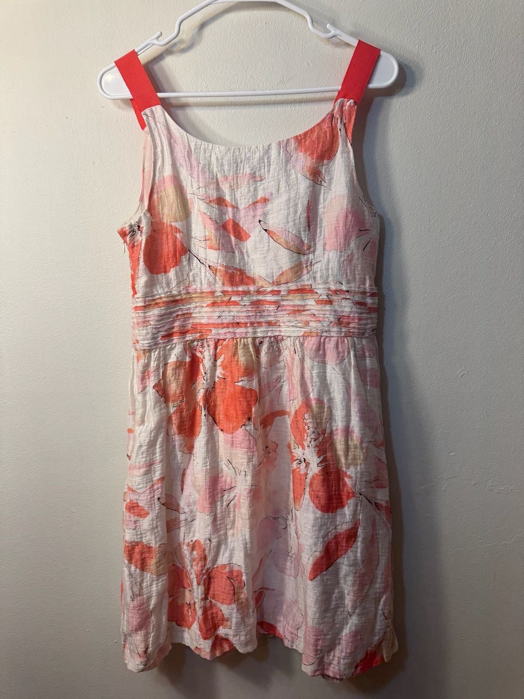 LOFT Pink and Orange Floral Watercolor Linen Blend Sleeveless Dress Size 10 3
