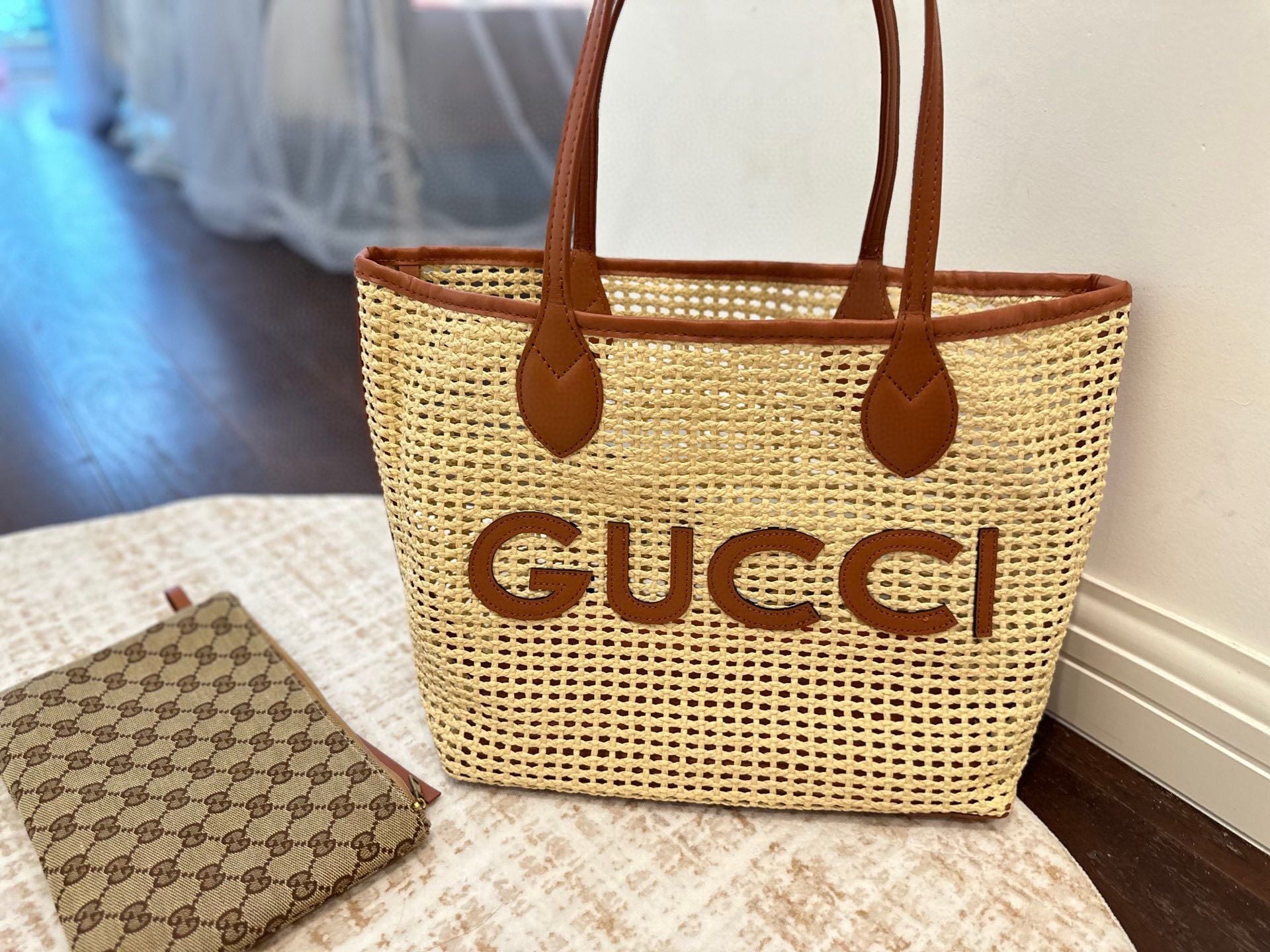 Gucci Leather-Trimmed Faux Raffia Logo Tote Bag with GG Supreme Pouch 2