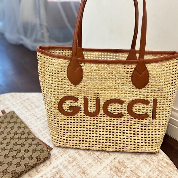 Gucci Leather-Trimmed Faux Raffia Logo Tote Bag with GG Supreme Pouch