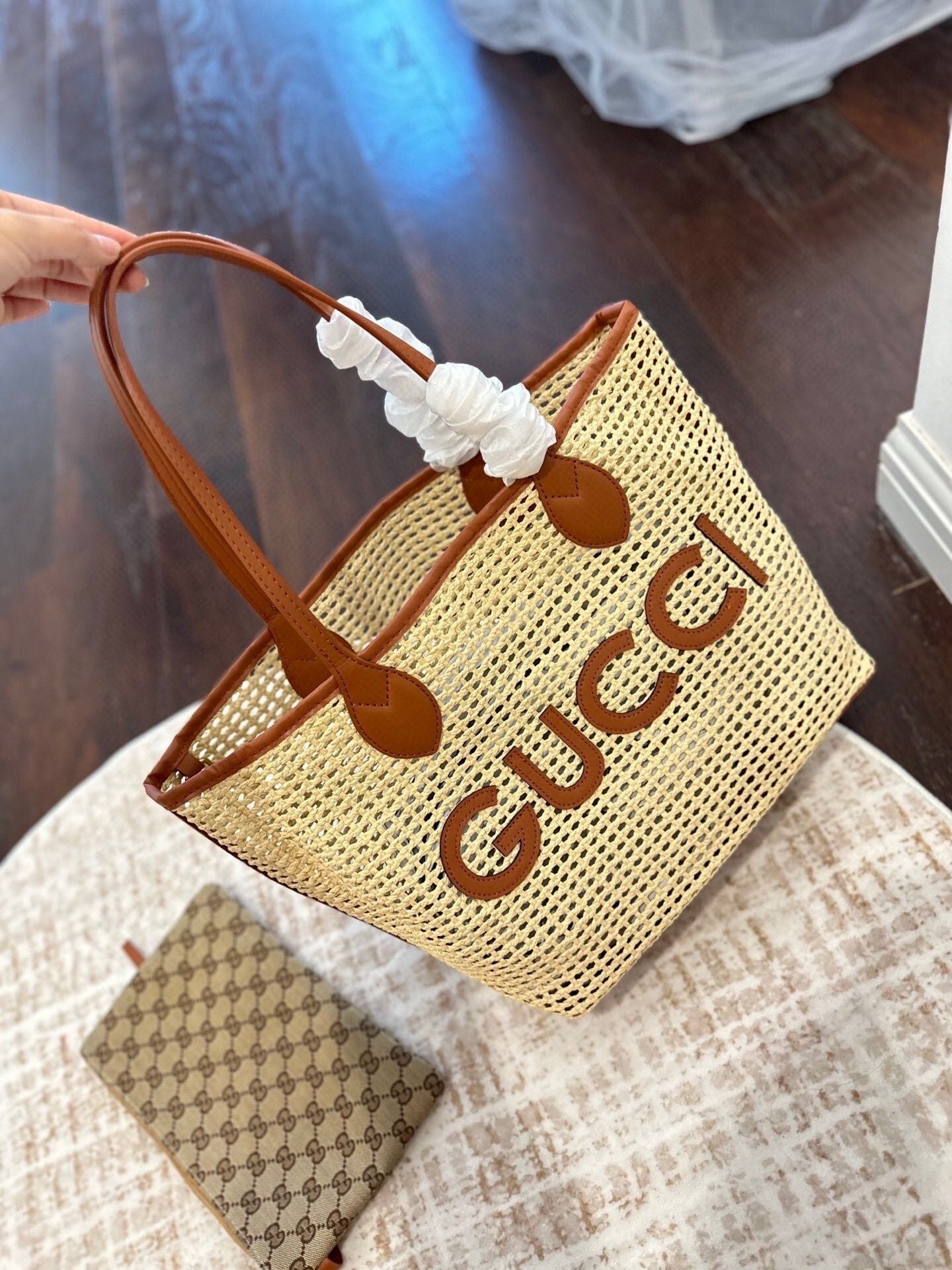 Gucci Leather-Trimmed Faux Raffia Logo Tote Bag with GG Supreme Pouch 4