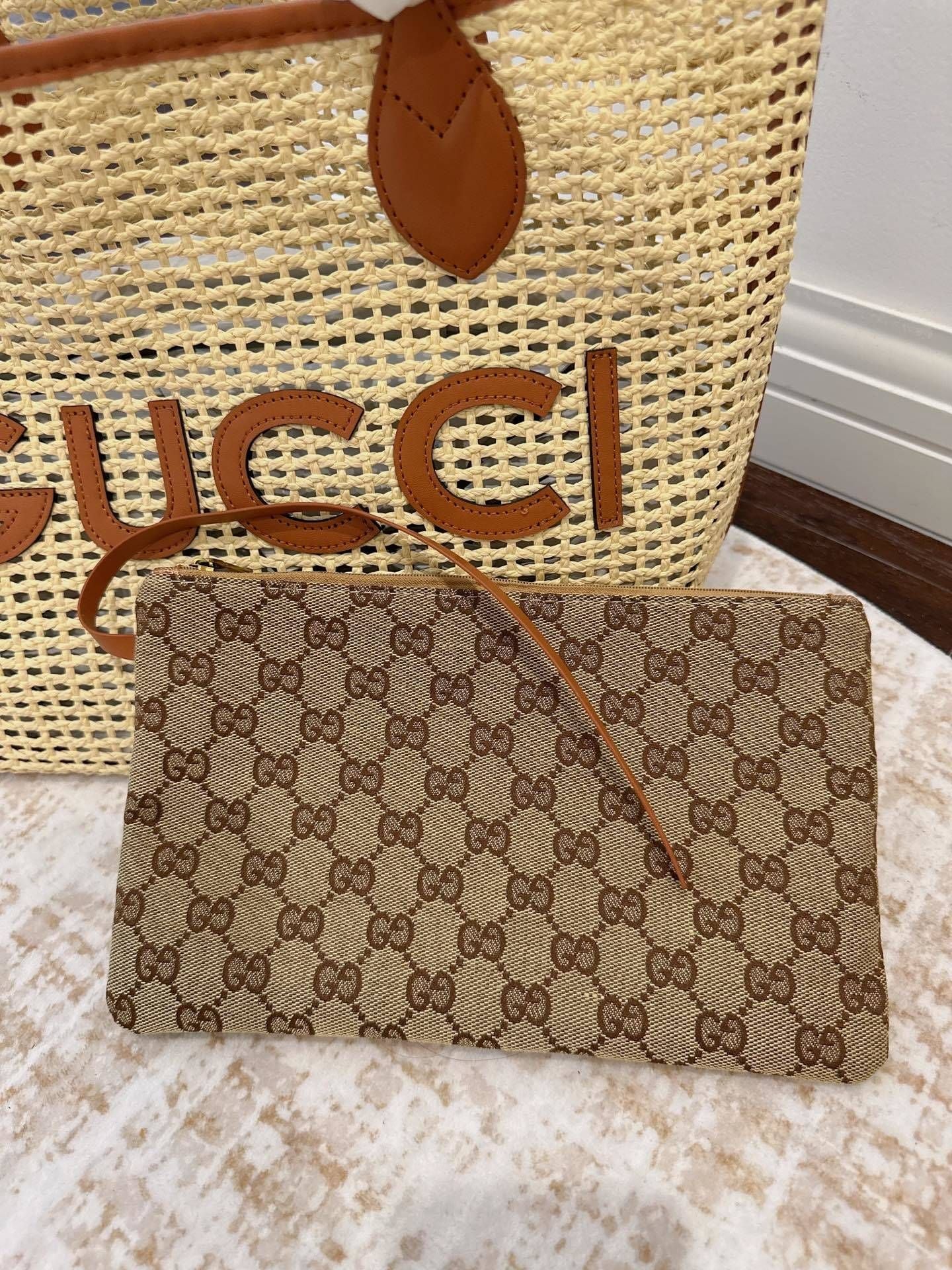 Gucci Leather-Trimmed Faux Raffia Logo Tote Bag with GG Supreme Pouch 6