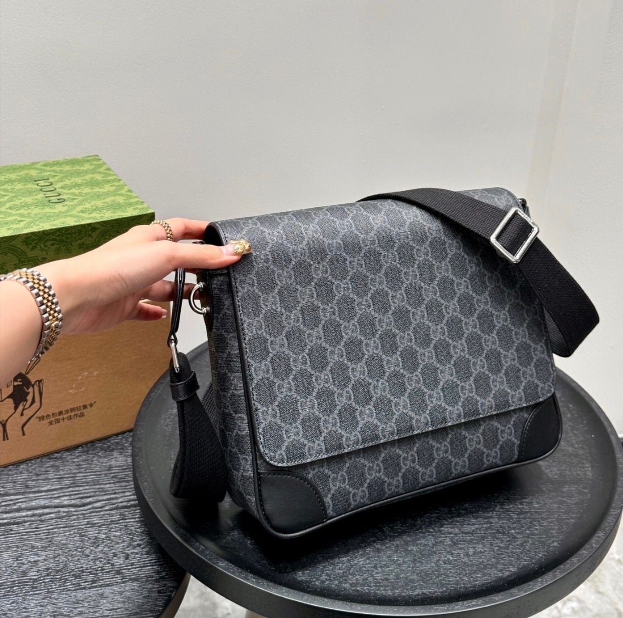 Gucci GG Emblem Medium Messenger Bag in Black GG Supreme Canvas 3