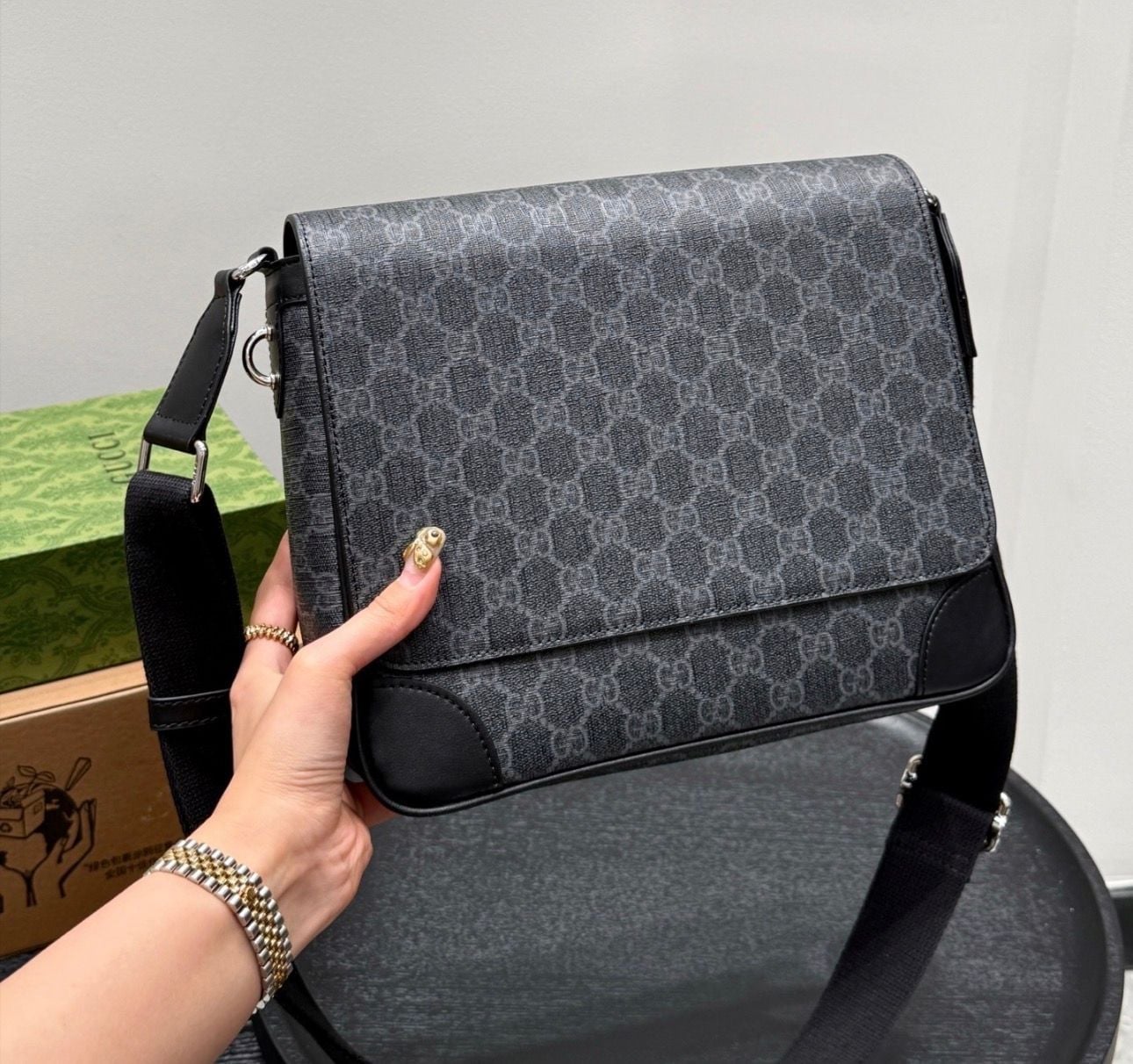 Gucci GG Emblem Medium Messenger Bag in Black GG Supreme Canvas 4