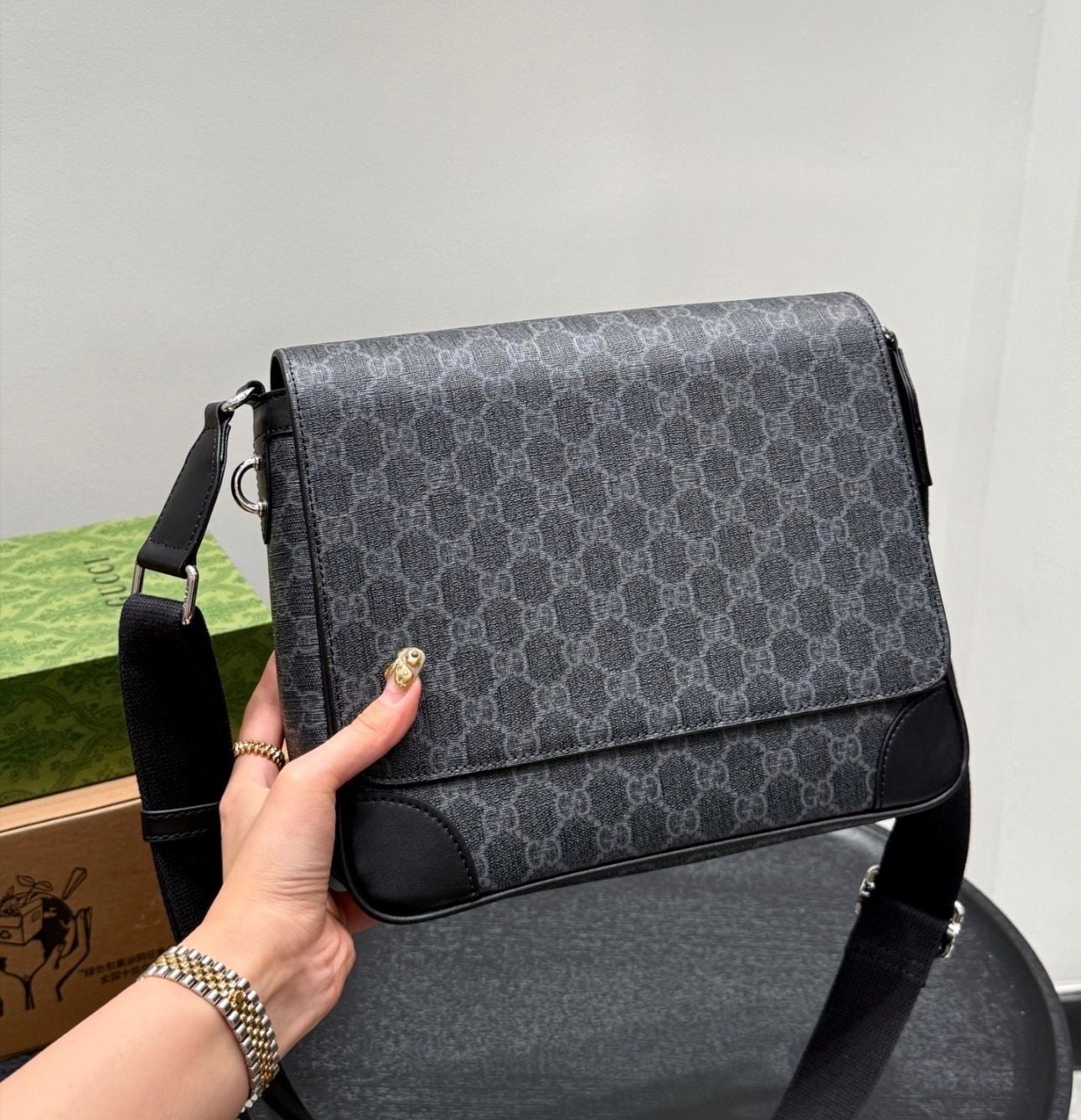 Gucci GG Emblem Medium Messenger Bag in Black GG Supreme Canvas 5