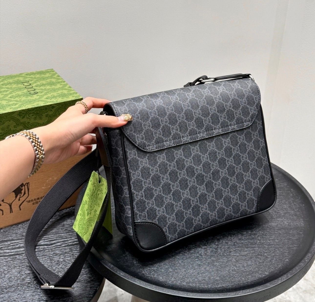 Gucci GG Emblem Medium Messenger Bag in Black GG Supreme Canvas 6