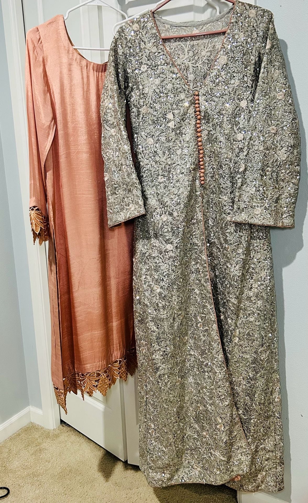 Peach Raw Silk Shalwar Kameez with Heavy Sequined Overcoat and Matching Clutch 2