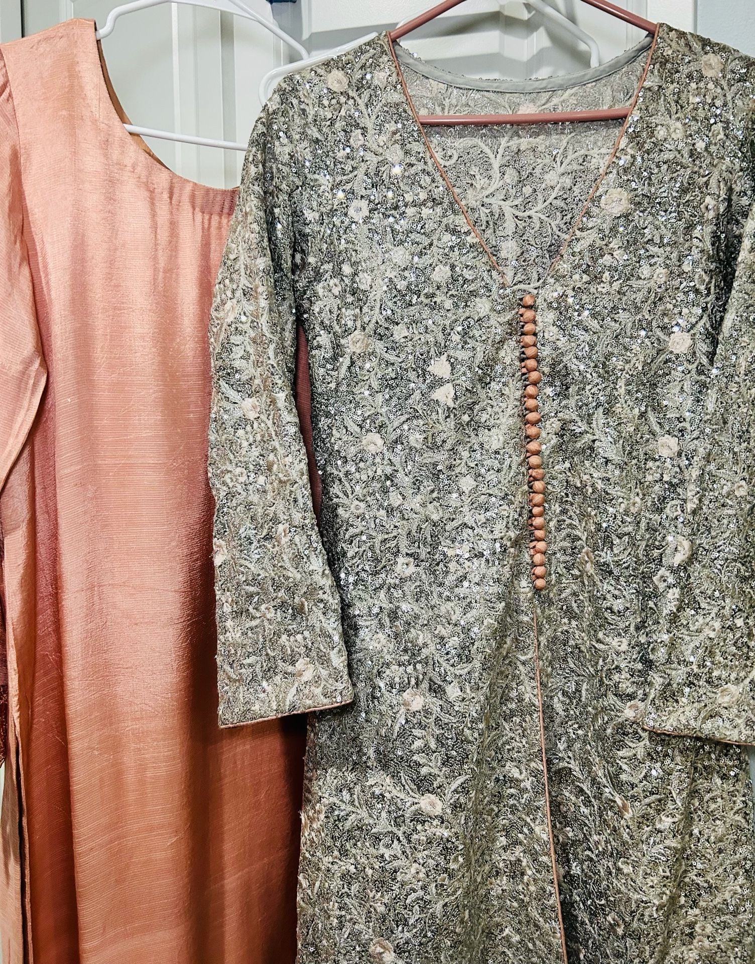 Peach Raw Silk Shalwar Kameez with Heavy Sequined Overcoat and Matching Clutch 4