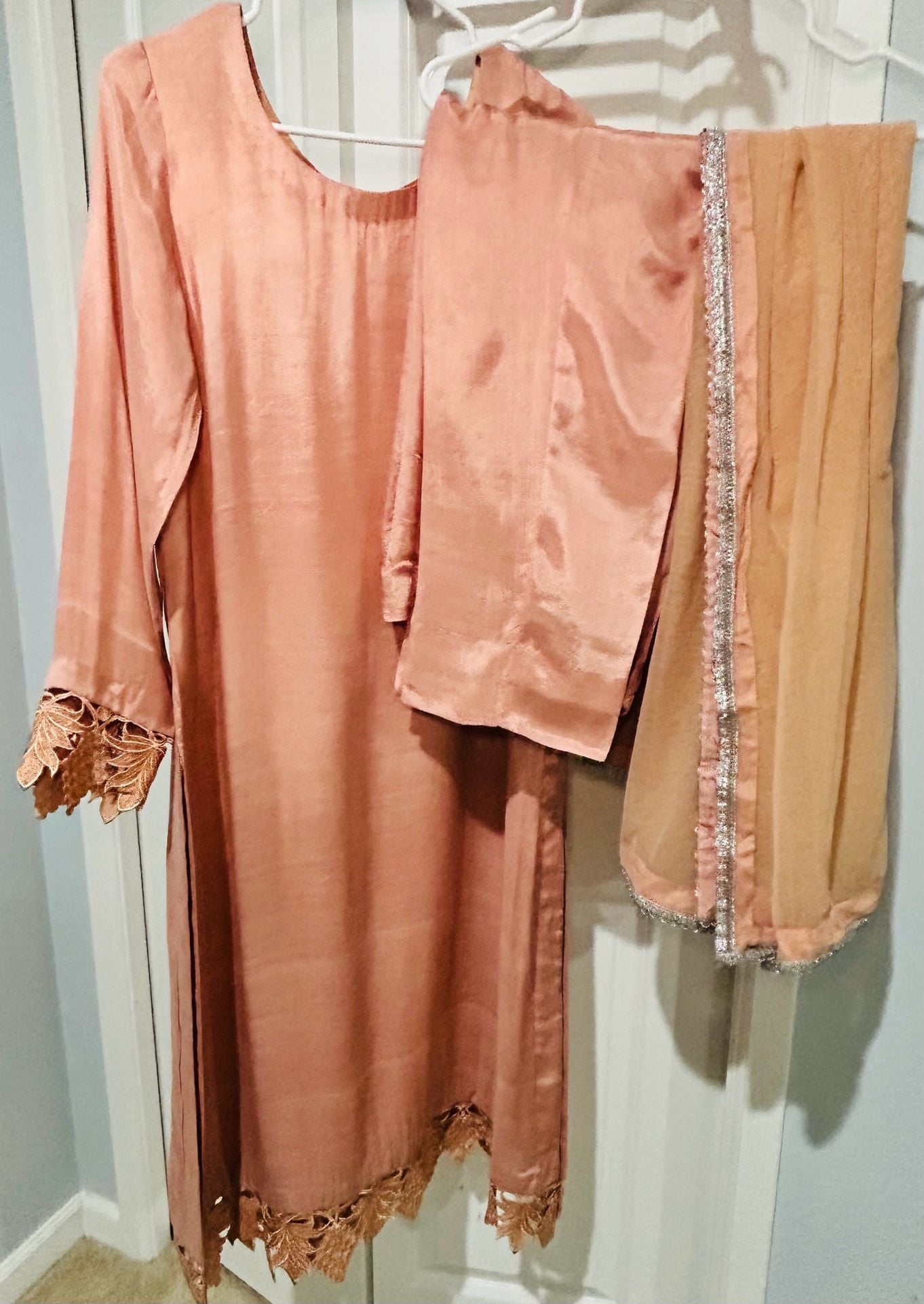 Peach Raw Silk Shalwar Kameez with Heavy Sequined Overcoat and Matching Clutch 7