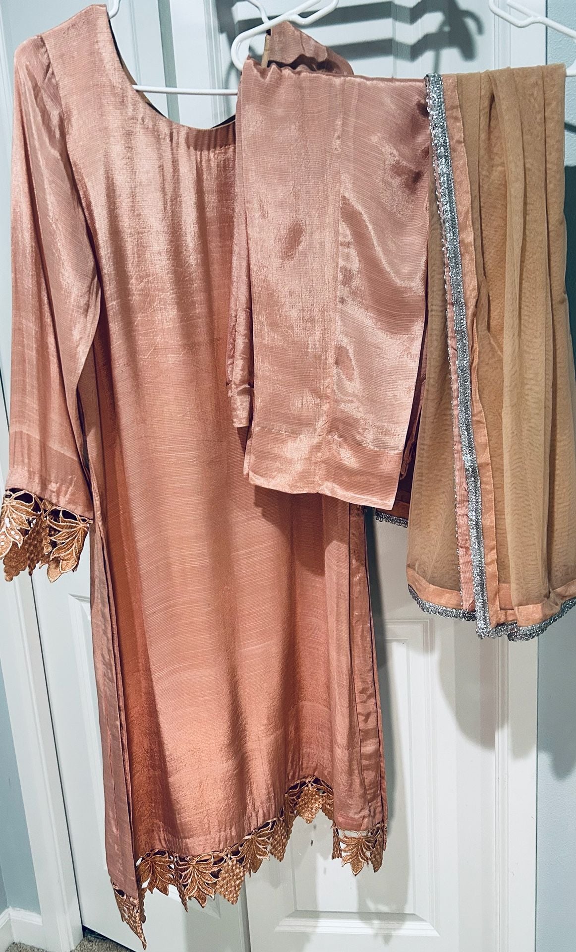 Peach Raw Silk Shalwar Kameez with Heavy Sequined Overcoat and Matching Clutch 8