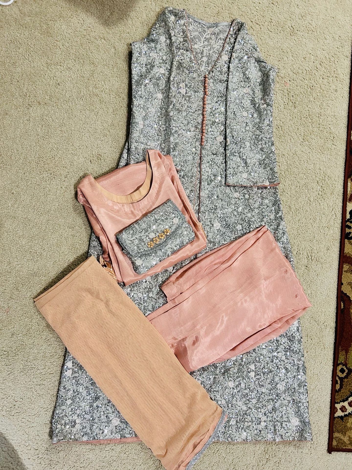 Peach Raw Silk Shalwar Kameez with Heavy Sequined Overcoat and Matching Clutch 9