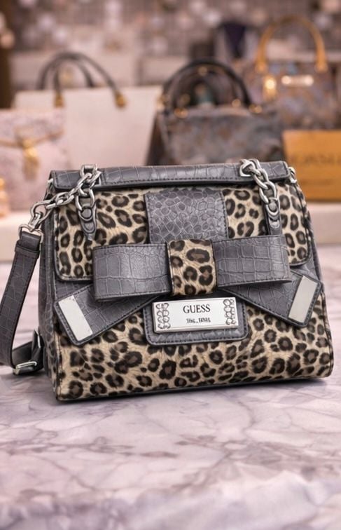 GUESS Leopard Print Flap Shoulder Bag with Croco Embossed Bow Detail 2