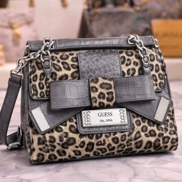 GUESS Leopard Print Flap Shoulder Bag with Croco Embossed Bow Detail