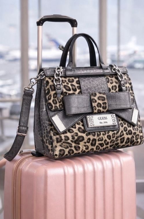 GUESS Leopard Print Flap Shoulder Bag with Croco Embossed Bow Detail 4