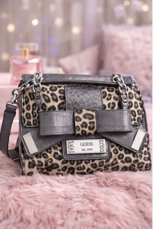 GUESS Leopard Print Flap Shoulder Bag with Croco Embossed Bow Detail 5