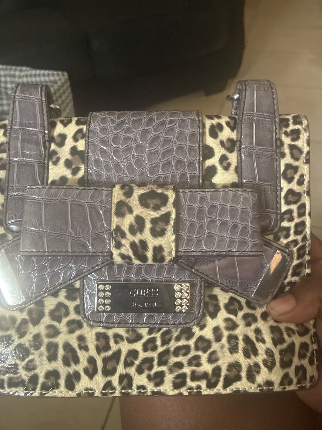 GUESS Leopard Print Flap Shoulder Bag with Croco Embossed Bow Detail 6