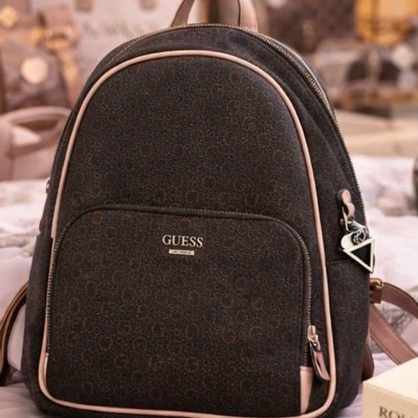 Guess Brown Logo Monogram Medium Backpack with Blush Trim