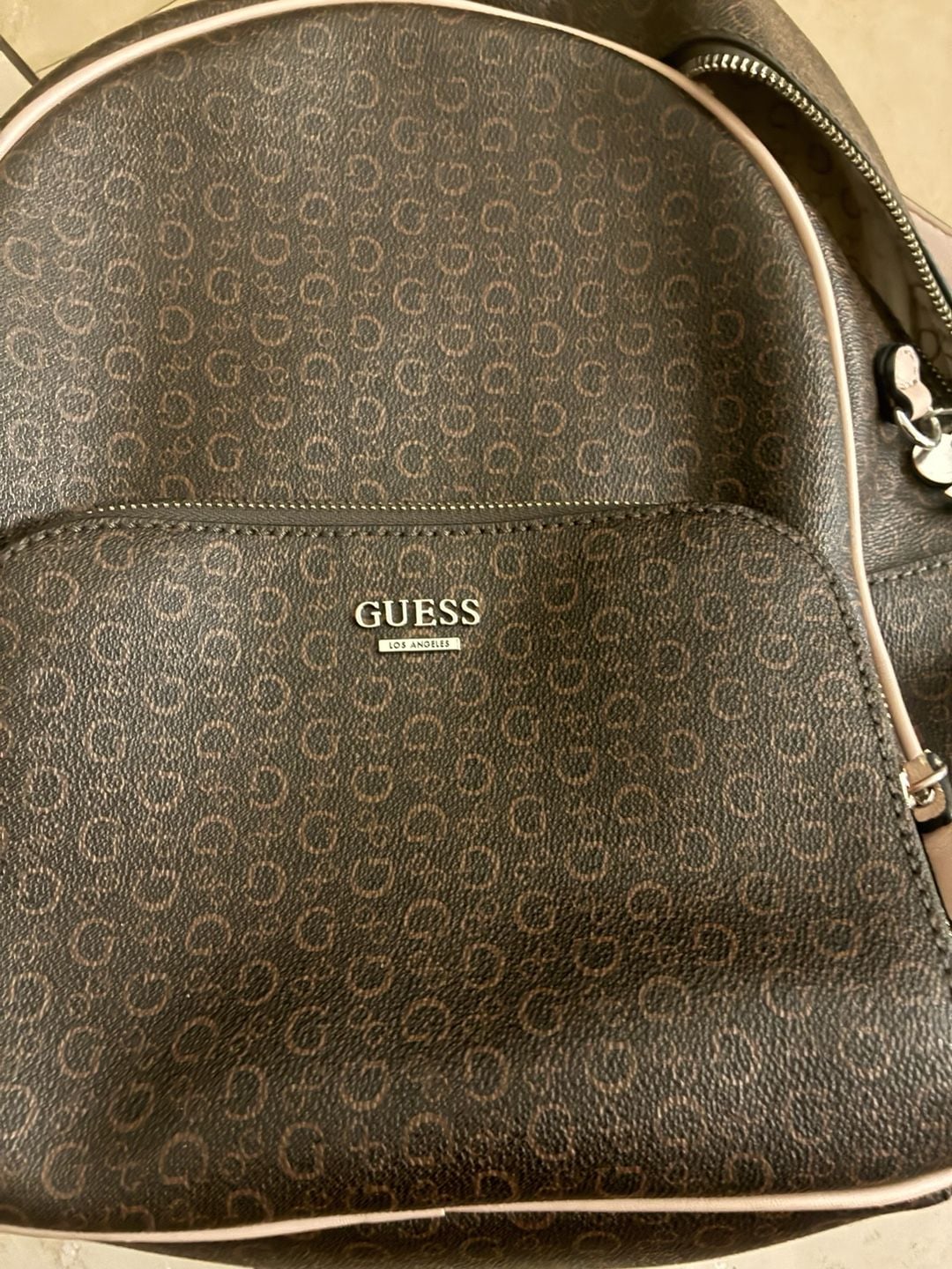 Guess Brown Logo Monogram Medium Backpack with Blush Trim 10