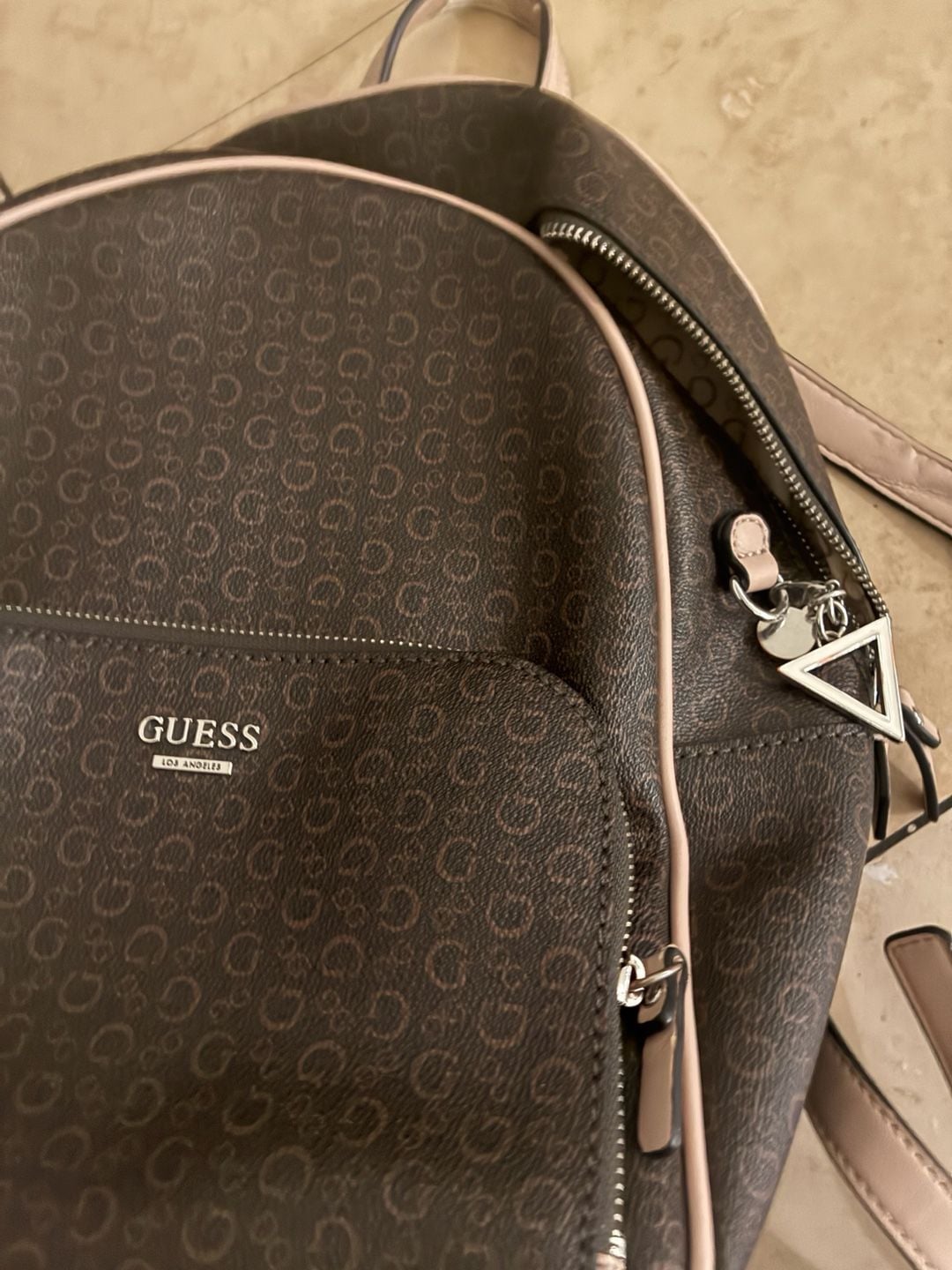 Guess Brown Logo Monogram Medium Backpack with Blush Trim 11