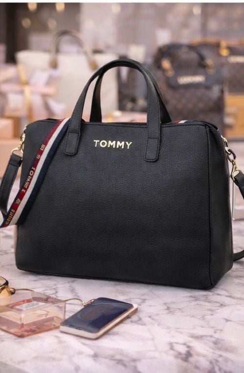 Tommy Hilfiger Iconic Logo Satchel Navy Blue Faux Leather Handbag 2