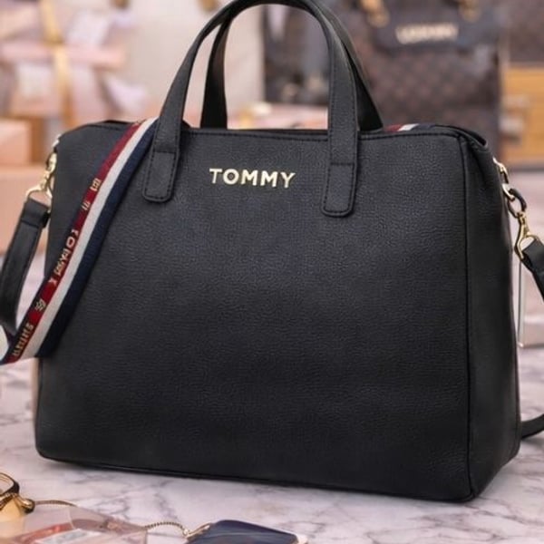 Tommy Hilfiger Iconic Logo Satchel Navy Blue Faux Leather Handbag