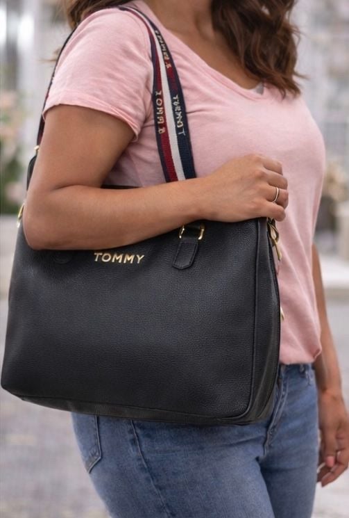 Tommy Hilfiger Iconic Logo Satchel Navy Blue Faux Leather Handbag 3