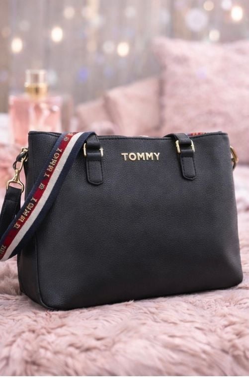 Tommy Hilfiger Iconic Logo Satchel Navy Blue Faux Leather Handbag 4