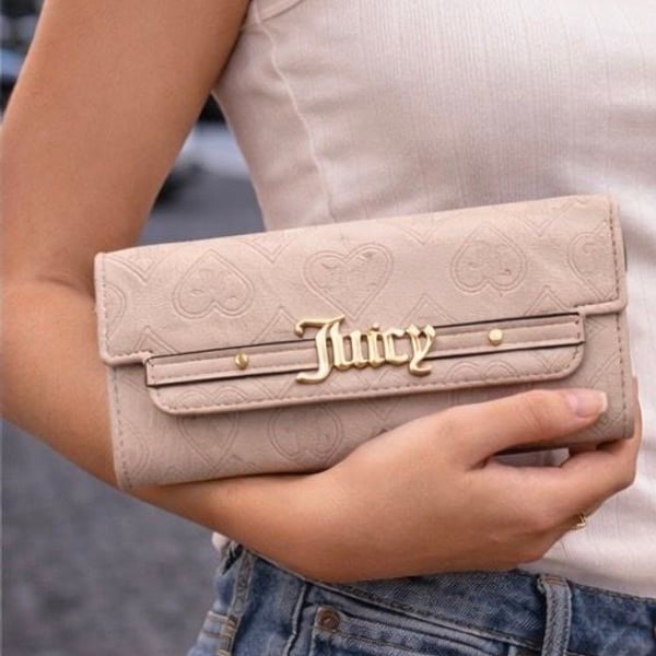 Juicy Couture Short & Sweet Single Gusset Heart Embossed Flap Clutch Wallet in Powder Blush