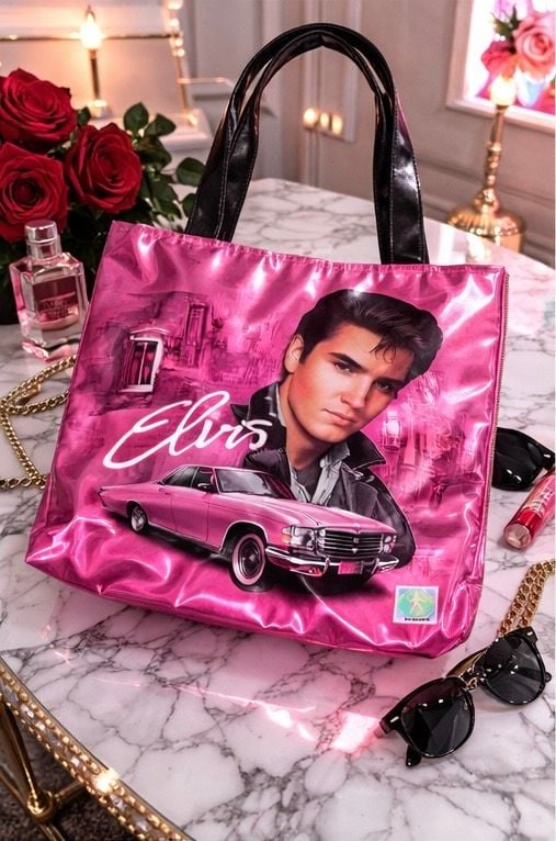Elvis Presley Pink Cadillac Metallic Tote Bag with Black Vinyl Shoulders 2