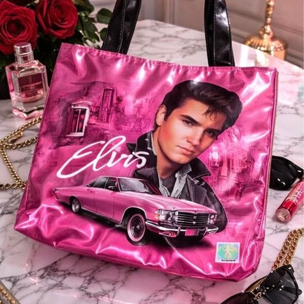 Elvis Presley Pink Cadillac Metallic Tote Bag with Black Vinyl Shoulders