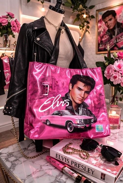Elvis Presley Pink Cadillac Metallic Tote Bag with Black Vinyl Shoulders 3