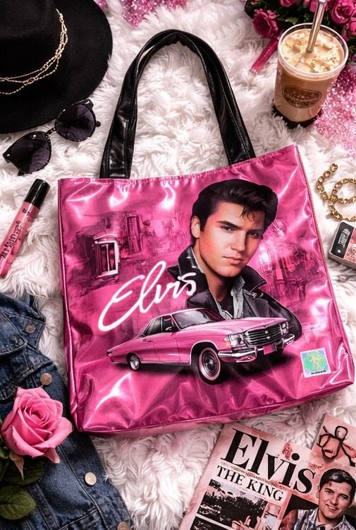 Elvis Presley Pink Cadillac Metallic Tote Bag with Black Vinyl Shoulders 4