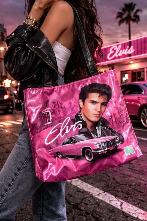 Elvis Presley Pink Cadillac Metallic Tote Bag with Black Vinyl Shoulders 6