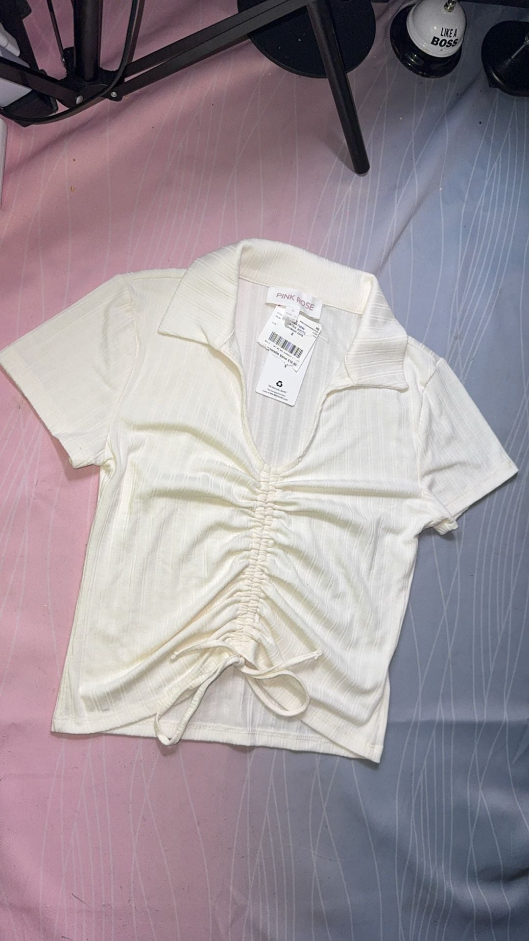 Pink Rose Junior Ruched Front Collared Ribbed Short Sleeve Crop Top - Winter White 2