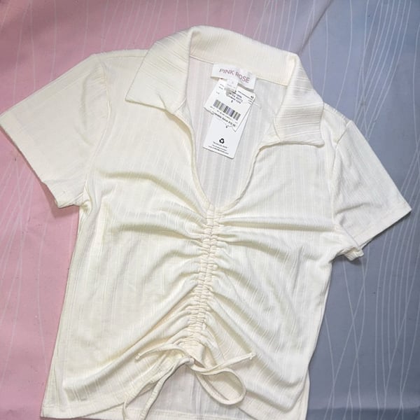 Pink Rose Junior Ruched Front Collared Ribbed Short Sleeve Crop Top - Winter White